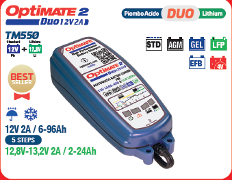 img_8fa8f3c21a5435e34106e629e16128bd.png MANTENITORE / CARICA BATTERIE OPTIMATE 2 DUO AGM, STD, GEL e LITIO - immagine 1